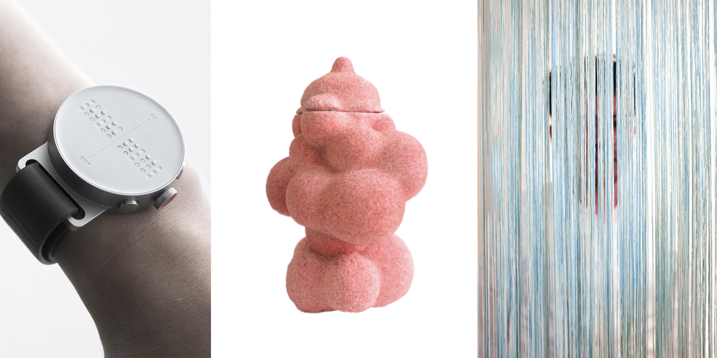 Left to right, a prototype of the Dot Watch with touch sensors; Cotton candy dish made of 3D-printed sugar designed by Studio Rael Fratello; Curtain made from Bolon fibers by Studio Joseph for installation in upcoming exhibition The Senses: Design Beyond Vision. Scroll down for more information about the exhibition.